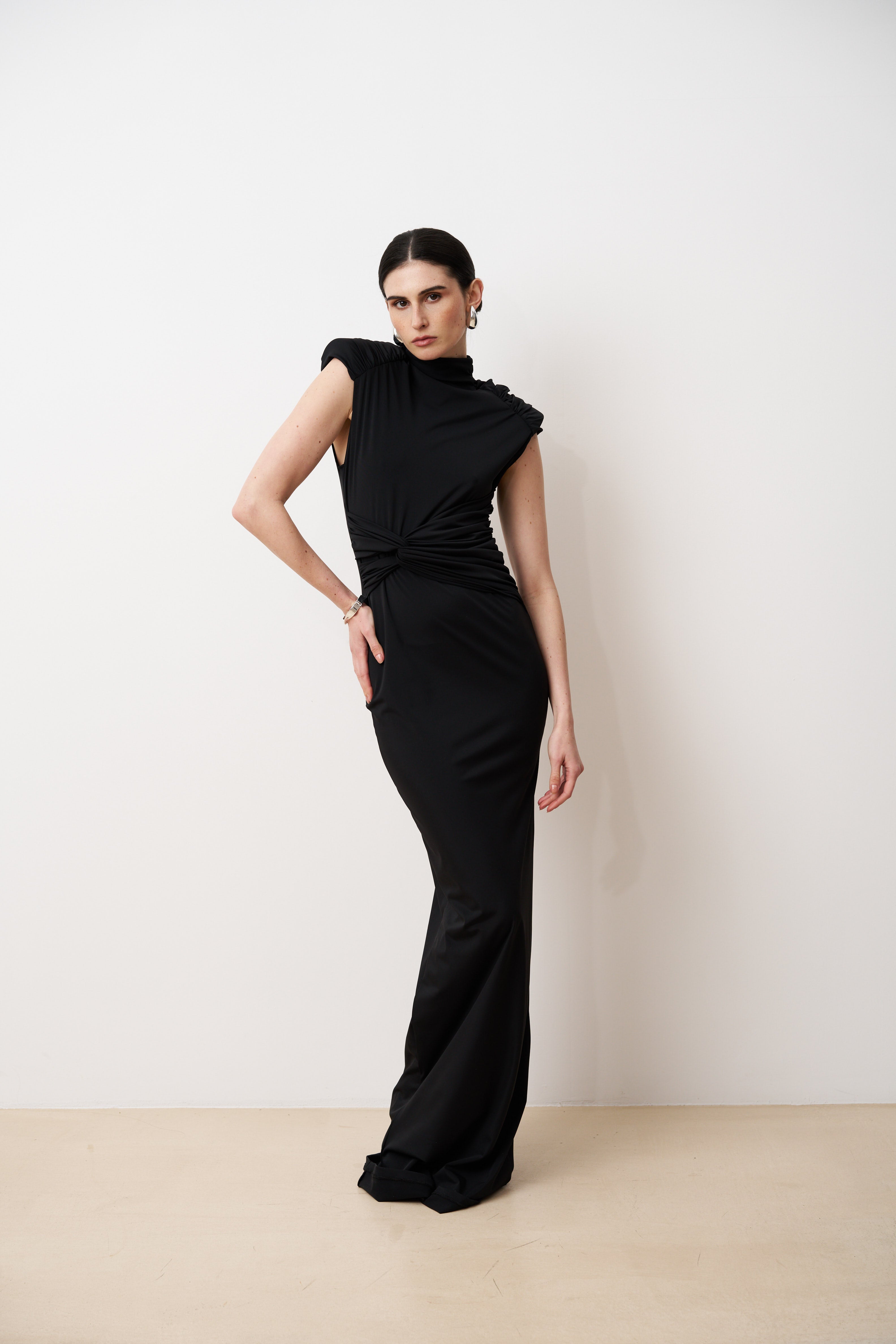 ELYA High neck column gown with draped waist