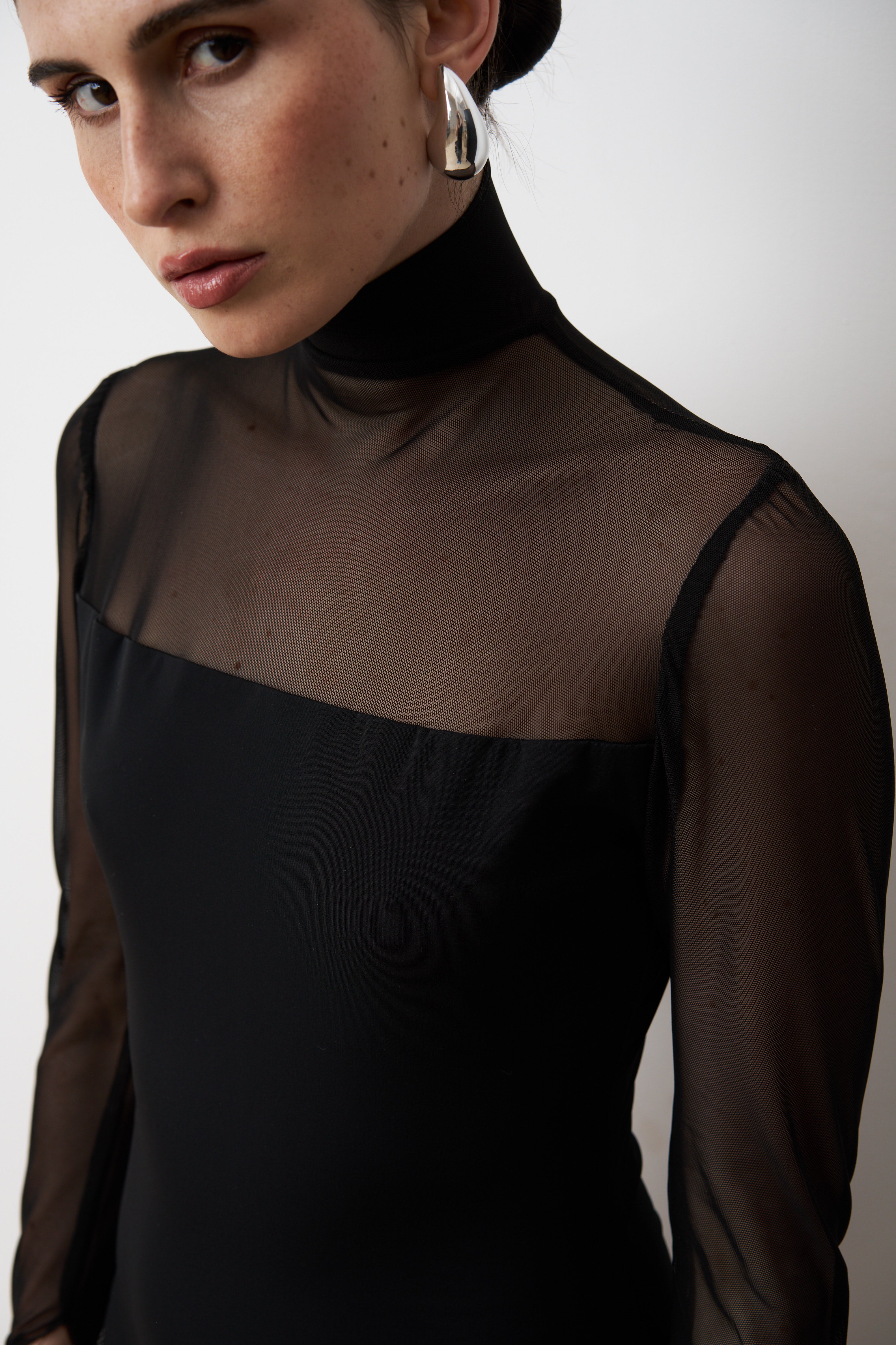 RAYA High neck sheer sleeve mini dress