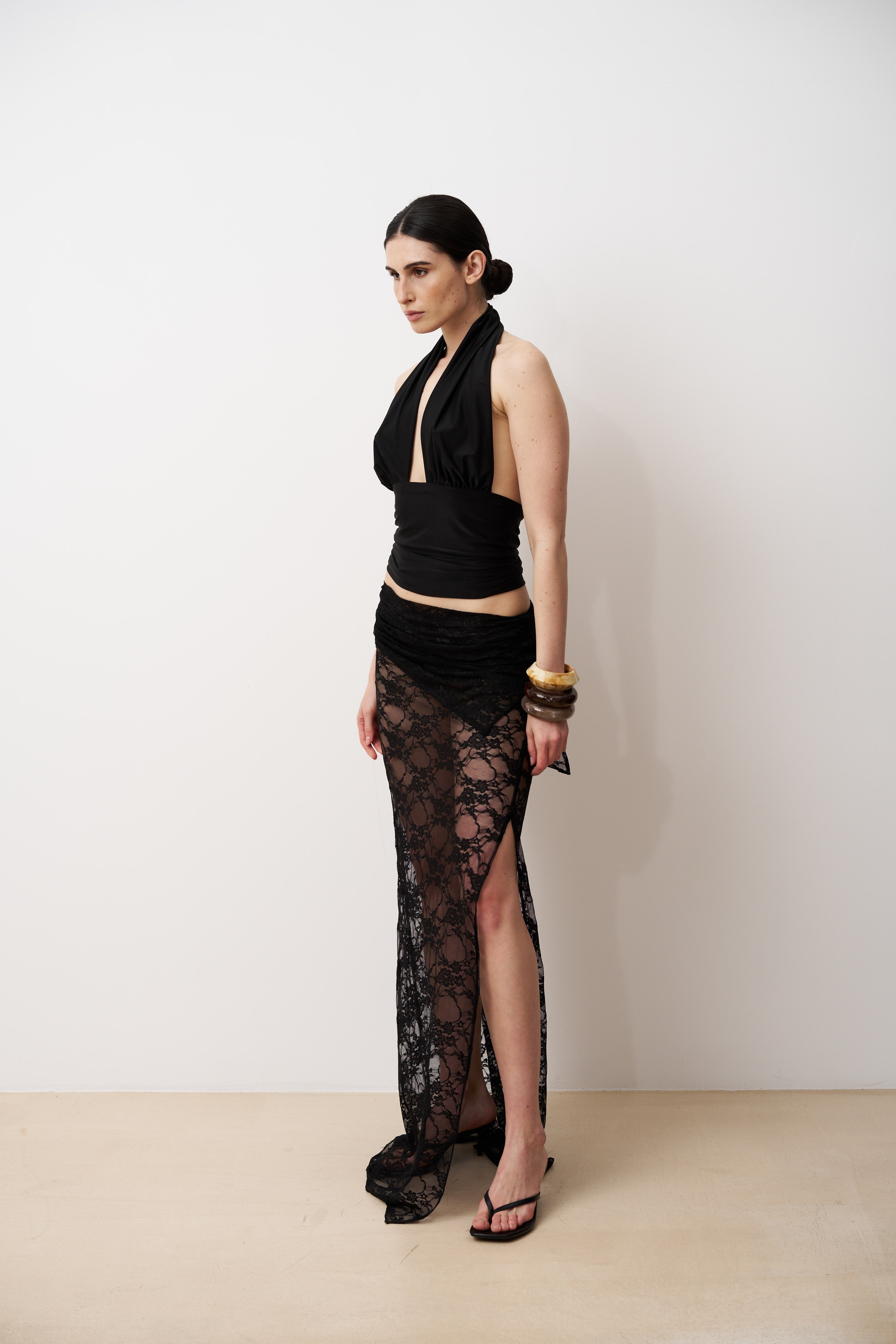 AMINA Asymmetric lace maxi skirt