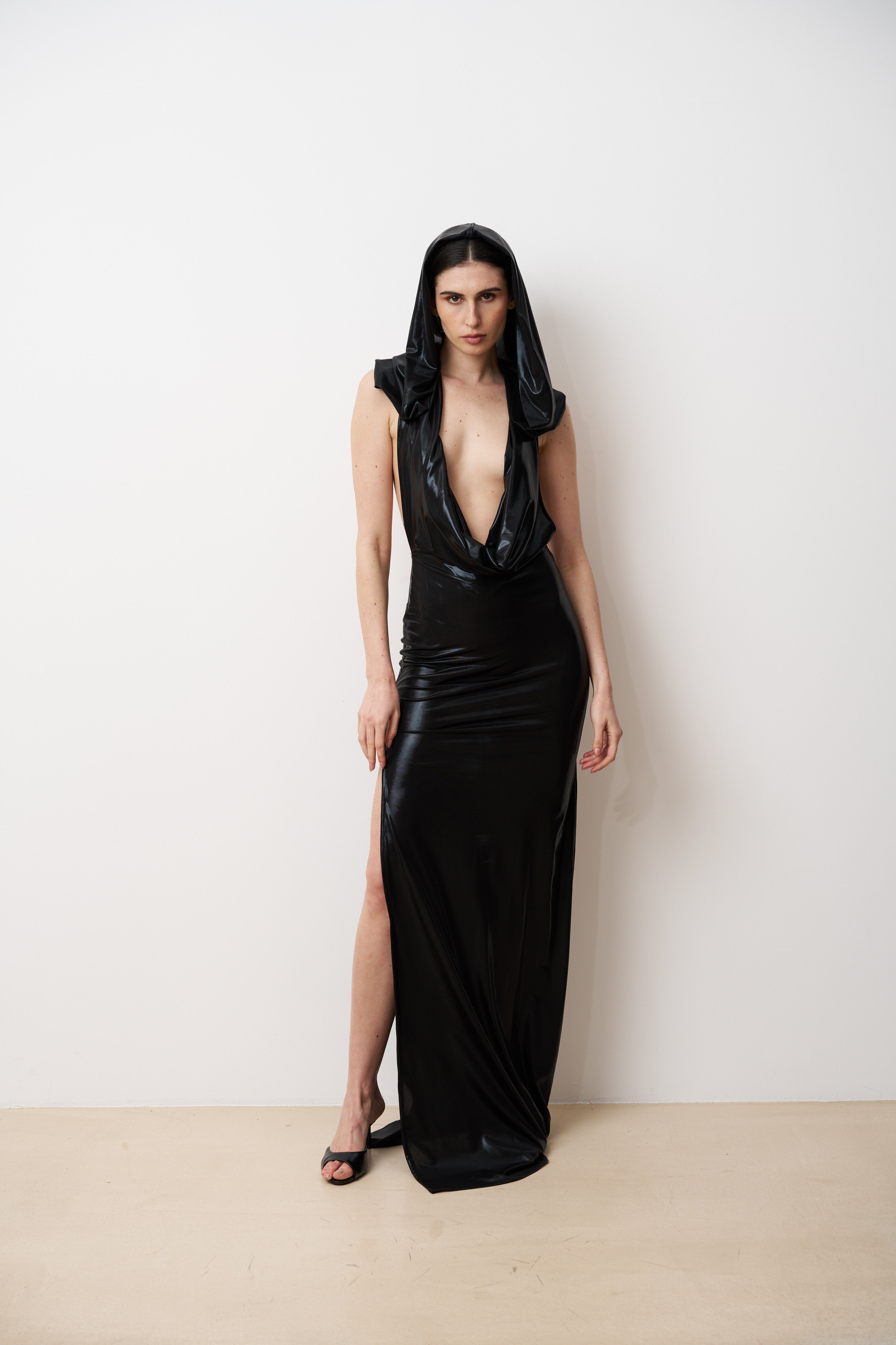 AIKO Hooded open-back high slit gown
