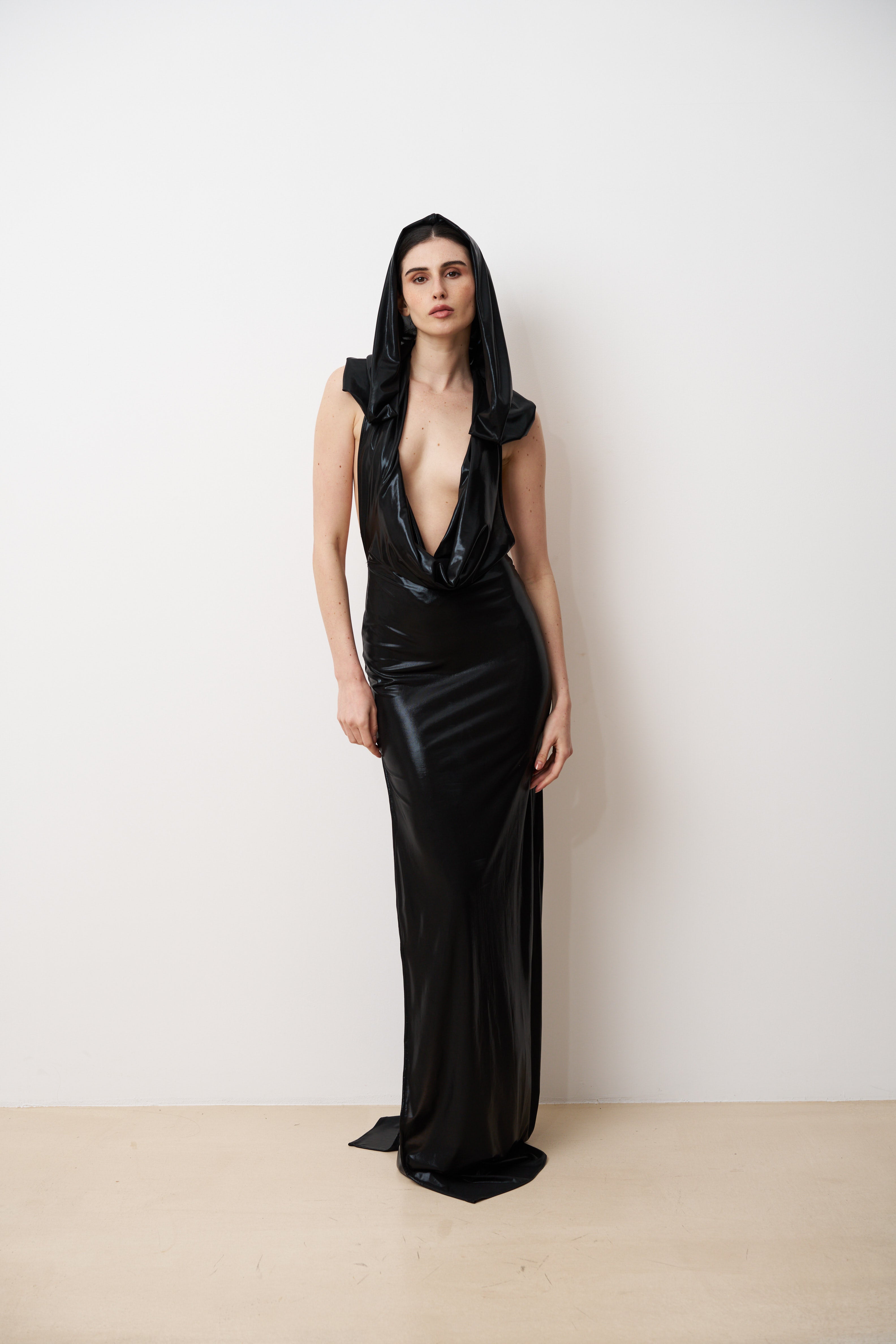 AIKO Hooded open-back high slit gown