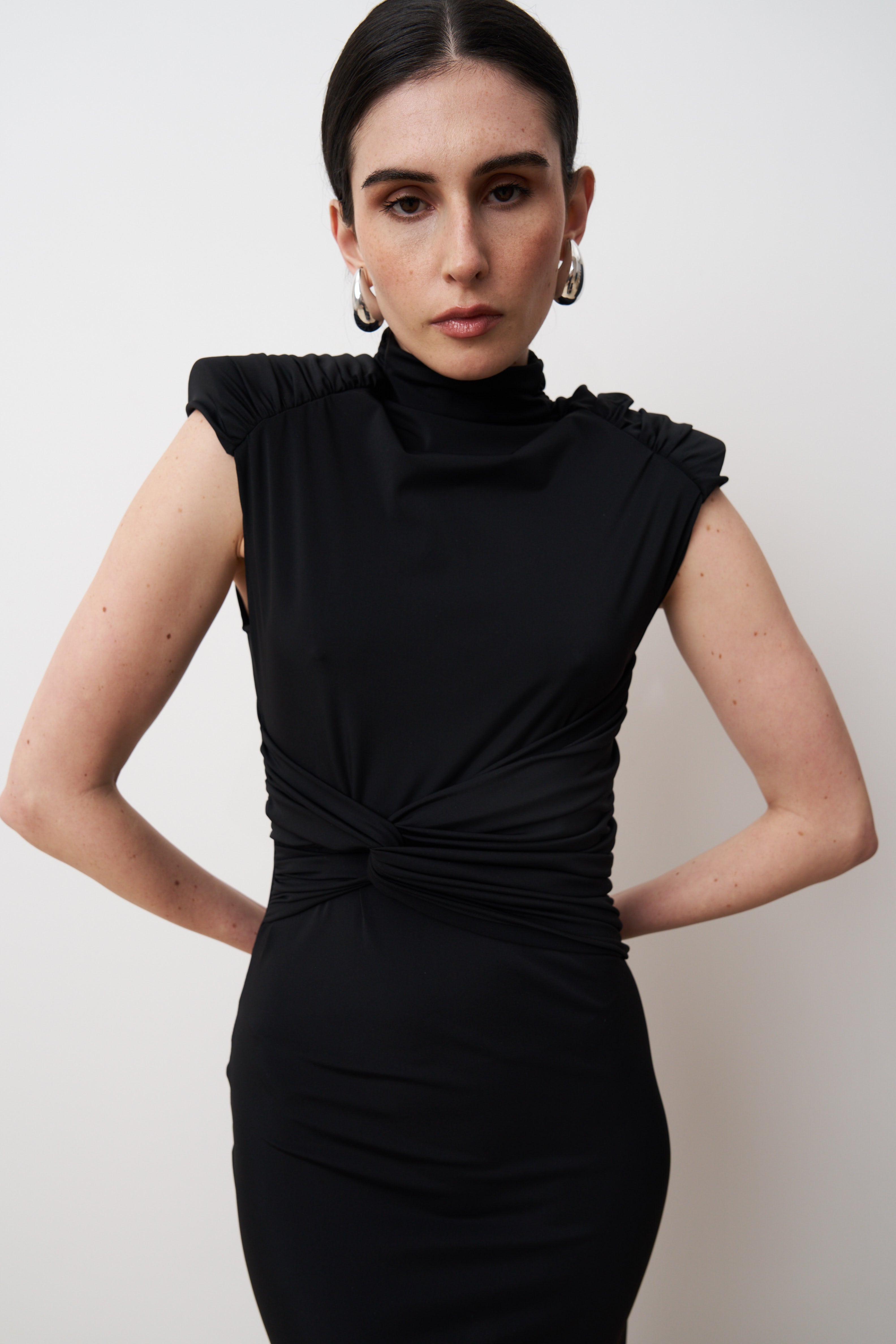 ELYA High neck column gown with draped waist